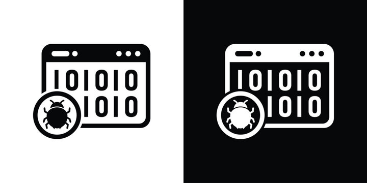 Binary code software bug icon. Digital program malware symbol, web page hacking and cybersecurity threat vector illustration set.