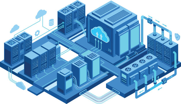 Detailed isometric cloud data center with connected servers, cooling systems, and cloud computing infrastructure, ideal for cybersecurity, hosting, storage, and network technology concepts.