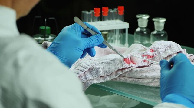 A forensic expert meticulously collects blood samples from clothing using tweezers and a cotton swab in a crime lab setting.