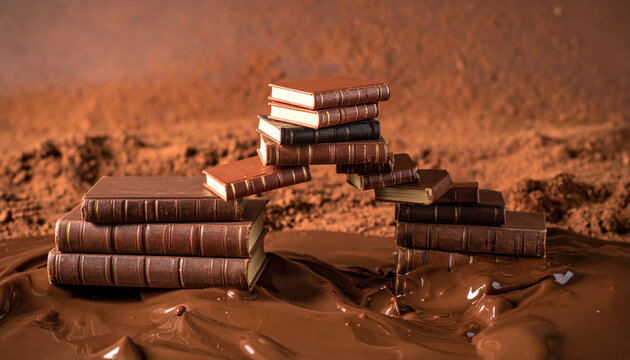 An old stack of books precariously balanced, forming a bridge over a river of melted chocolate.