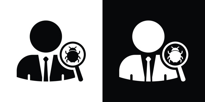 Software tester debugging icon. Quality assurance specialist finding program bug, cybersecurity analysis, developer inspecting code vector set.