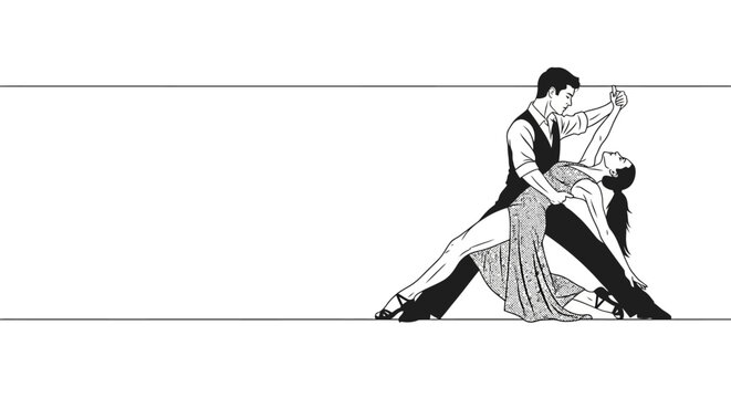 Elegant Couple Dancing Tango in Black and White Illustration