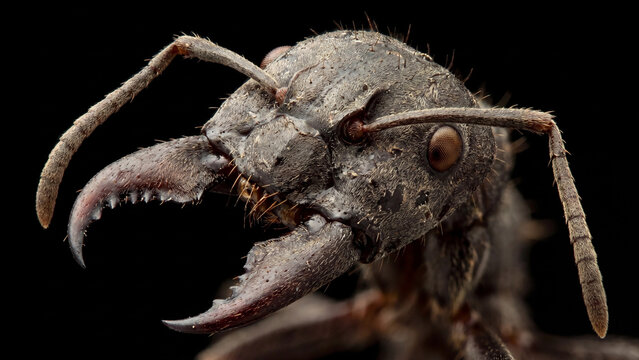 Side Profile Ant Face Macro With Long Antenna on a Dark Background
