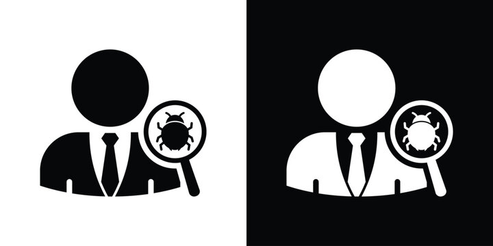 Software tester debugging icon. Quality assurance specialist finding program bug, cybersecurity analysis, developer inspecting code vector set.