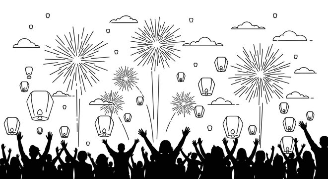 Silhouette Crowd Celebrating with Fireworks and Floating Lanterns