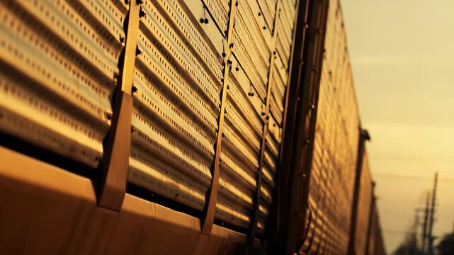 Freight train cars standing on tracks, their corrugated metal surfaces reflecting the warm, low light of the golden hour, symbolizing global logistics and industrial transportation
