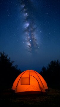 Glowing tent beneath a starry night sky with the Milky Way in a peaceful outdoor wilderness scene.