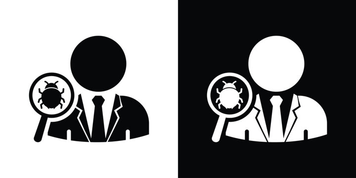Software tester debugging icon. Quality assurance specialist finding program bug, cybersecurity analysis, developer inspecting code vector set.