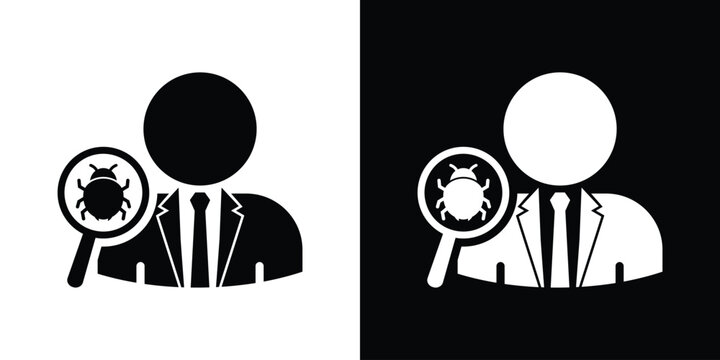 Software tester debugging icon. Quality assurance specialist finding program bug, cybersecurity analysis, developer inspecting code vector set.