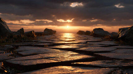 Naklejka premium Broken stone pathway at sunset with warm light and dark clouds over cracked rocky landscape