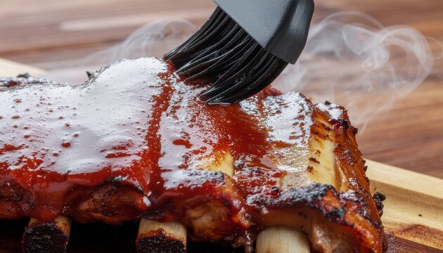 Barbecue ribs being brushed with sauce during preparation home cooking main course