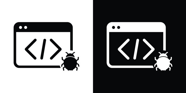 Software programming code bug icon. Web development syntax error symbol, application glitch, cyber malware threat vector illustration set.