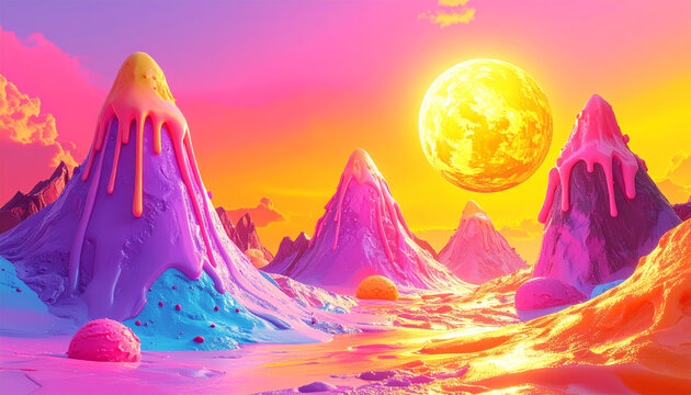 A Surreal Landscape With Mountains Made of Melting Ice Cream Cones Under a Vibrant Sunset Sky
