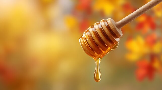 Golden honey drips from a wooden honey dipper against a blurred autumn background with vibrant leaves