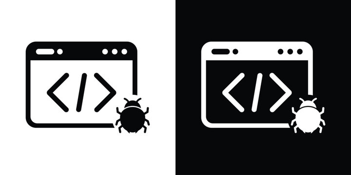 Software programming code bug icon. Web development syntax error symbol, application glitch, cyber malware threat vector illustration set.