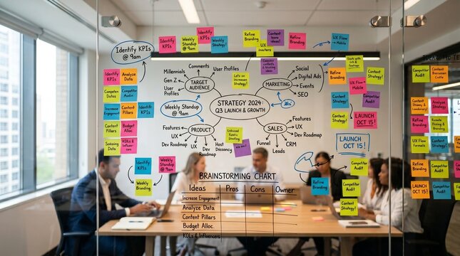 Glass whiteboard with colorful sticky notes and brainstorming charts in a modern office, generative AI