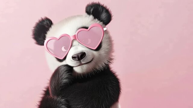 Panda wearing heart sunglasses and smiling on light pink background