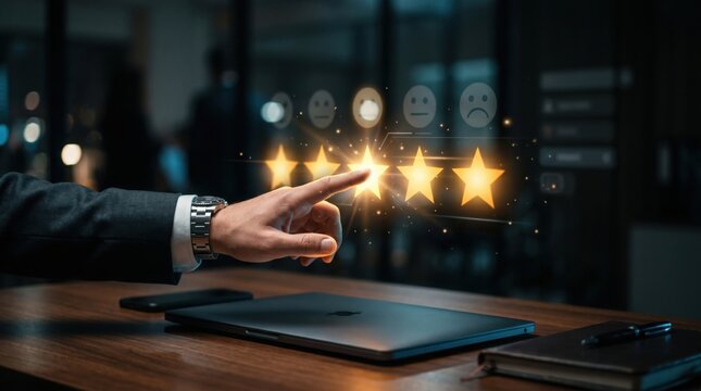 A hand in a suit points to a glowing star rating, indicating customer satisfaction or feedback. The background is dark and blurred, suggesting a professional setting.