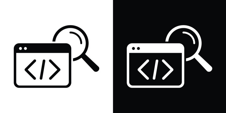 Code analysis and review icon. Web development inspection, software code auditing symbol, program debugging magnifying glass vector set.