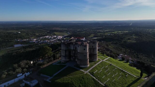 Close Drone Orbit Around Evoramonte Castle in Alentejo