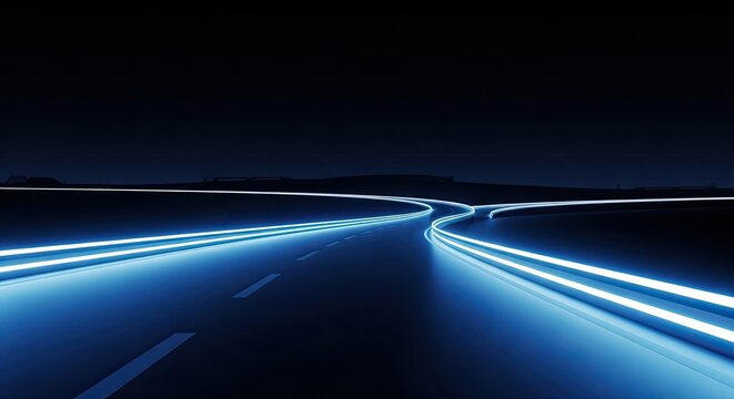 Futuristic glowing blue light trails diverging on dark road