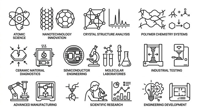 Collection of science and technology icons representing research and development.