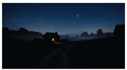 Lonely farmhouse illuminated at night under crescent moon and starry sky. © Times Graphic