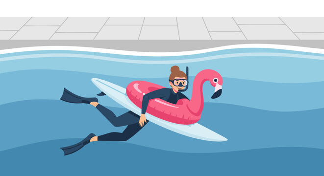 Man in scuba gear lying on a pink flamingo floatie and white surfboard in a swimming pool with clear blue water and a concrete deck.