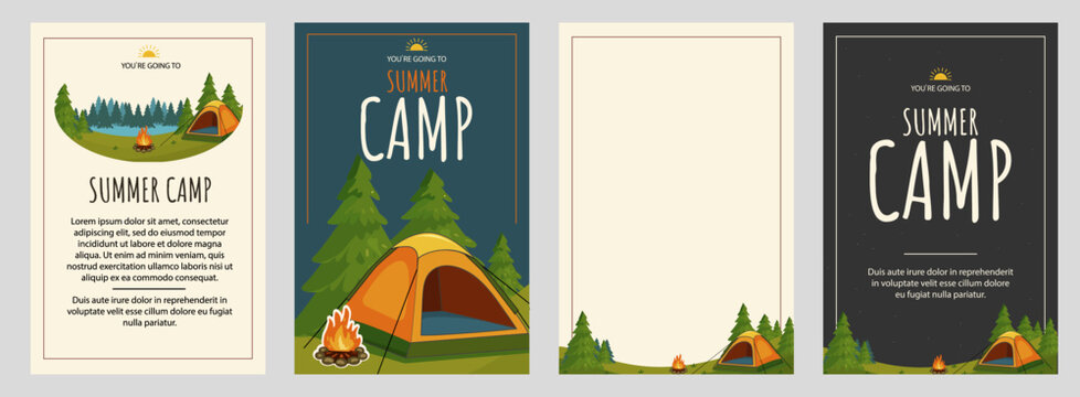 Summer camp poster templates in vertical orientation. Set of four vector illustrations with tents, pine forest, and bonfires. Flat style for outdoor youth events, stories, and flyers.