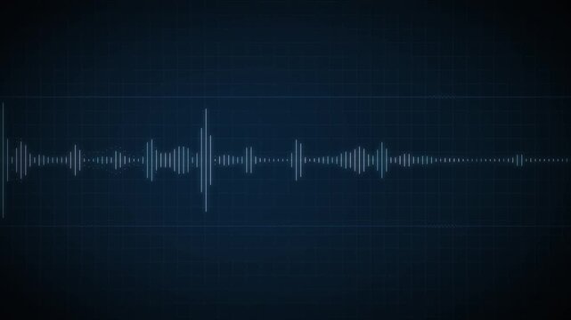 Digital blue audio waveform visualizer bouncing over a technical dark grid line background. Perfect for podcasts, music production, and sound design concept.