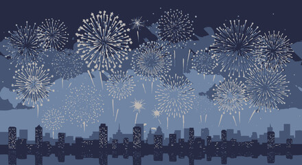 Fireworks display over city silhouette at night in a celebration © Gunting