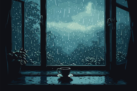 Rainy night window view with steaming coffee cup on sill overlooking dark forest background.