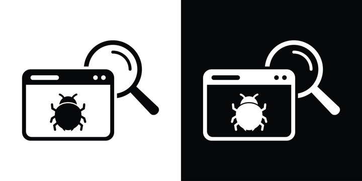 Web browser bug search icon. Software vulnerability scan symbol, program malware detection, web engineering troubleshooting vector set.
