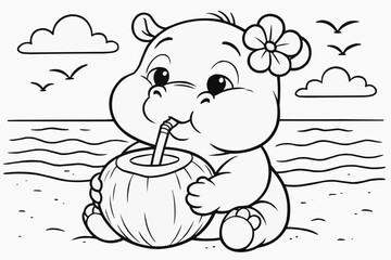Obraz premium Coloring page for children - a hippopotamus enjoying a coconut drink with a blissful expression on a beach background