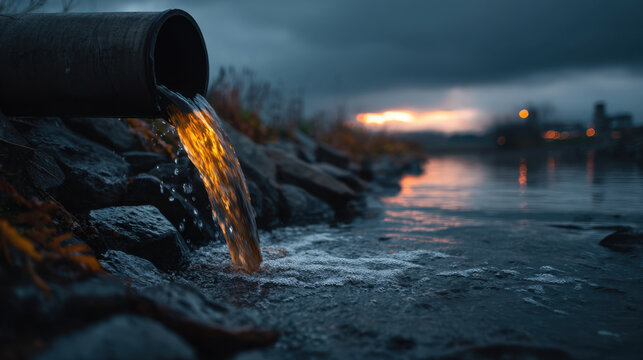 Industrial pipe waste water flowing into river at dusk, pollution in dark industrial shoreline landscape with dramatic sky