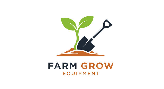 Farm grow equipment logo green plant and shovel in soil vector illustration