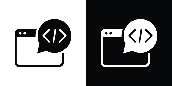 Web coding and programming chat bubble icon. HTML browser window symbol, software development forum, internet technology communication vector set.