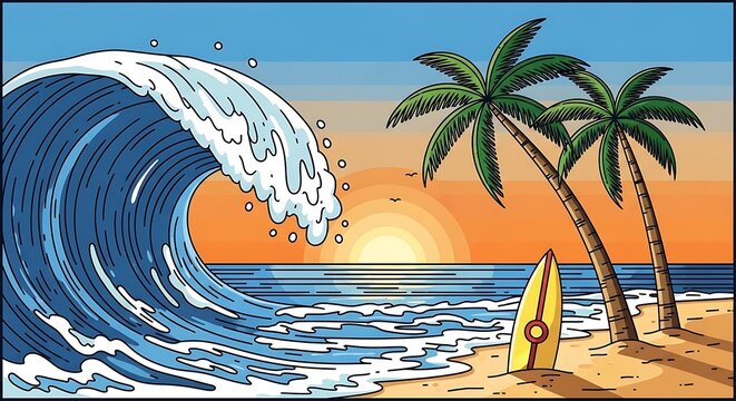 Ocean wave with palm trees on sandy beach against orange sunset backdrop