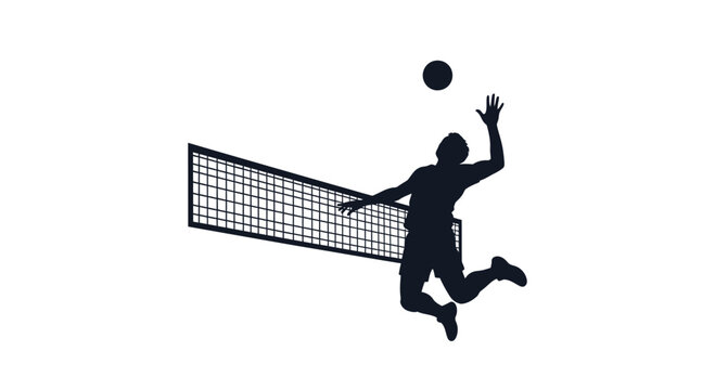 Volleyball player spiking ball silhouette against white background