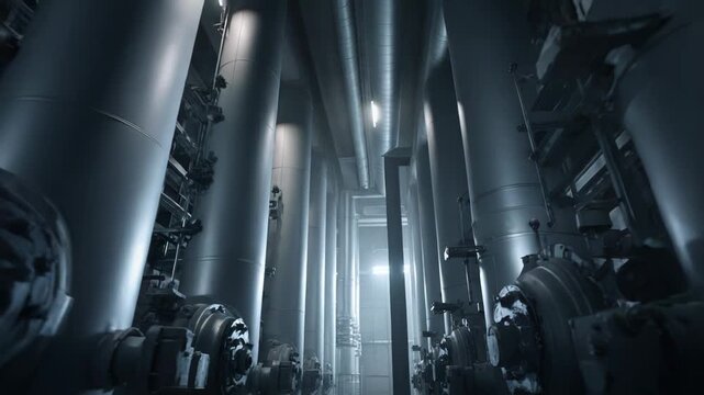 Row of large industrial pipes with valves and complex machinery creating a sterile and powerful environment within a manufacturing facility or energy production infrastructure