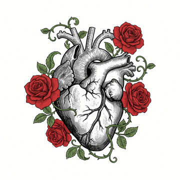 Vintage Anatomical Heart with Blooming Roses Vector Clip Art