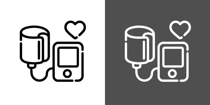 血圧計とスマートフォンのモノクロ線画アイコンビジュアル