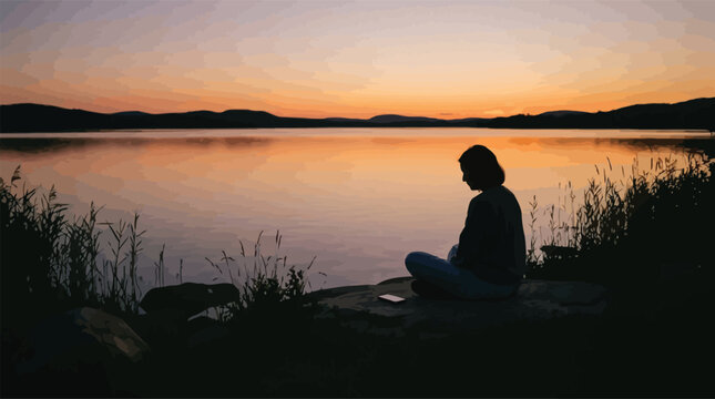 Silhouette of a person sitting by lake during sunset, peaceful contemplation and nature.