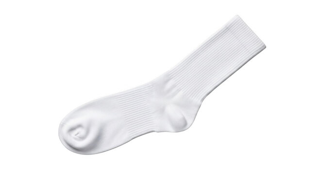 A single white cotton crew sock isolated on a solid black background, showing ribbed texture and soft fabric folds