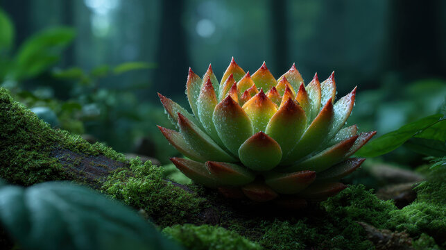 Surreal succulent lotus in mossy forest, glowing green and red petals with sharp tip on dark natural background