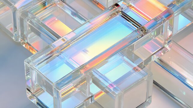 Futuristic 3D abstract composition of interlocking transparent glass blocks with vibrant holographic light dispersion effects