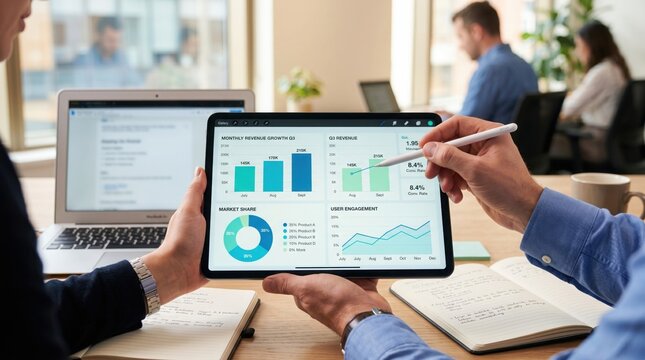 Two business people are looking at a tablet displaying financial data and charts, with a laptop and notebook on the desk. The team is in a modern office environment, collaborating on a project.