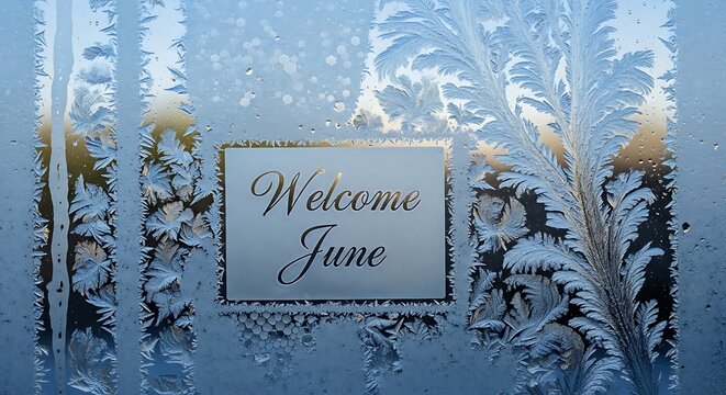 Welcome June greeting card with floral spring background.