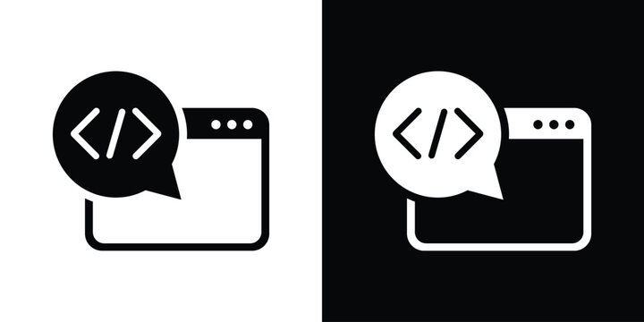 Web coding and programming chat bubble icon. HTML browser window symbol, software development forum, internet technology communication vector set.
