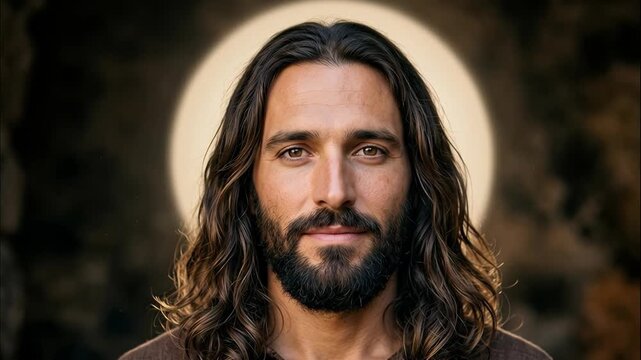Close up portrait of Jesus Christ with long dark hair and beard looking directly forward with a serene expression and a glowing holy divine halo light behind his head